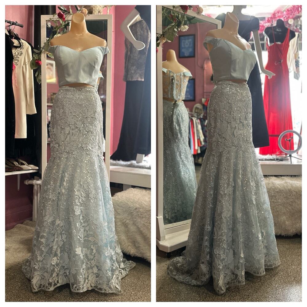 Ellie Wilde by Mon Cheri 2 pc Prom Dress Set Cropped Blue Lace Shimmer M